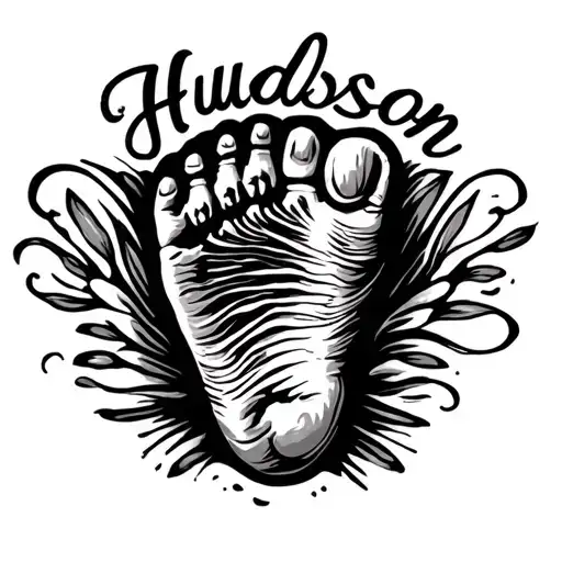 The tattoo features a baby's footprint at the center, with the name "Hudson" written in a gentle, cursive font above the tattoo design idea