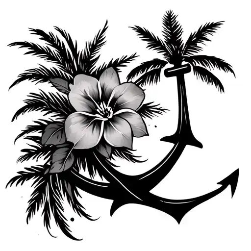 Cruise anchor waves beach palm tree girly flower tattoo design idea