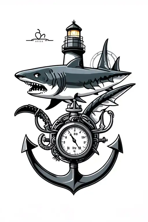 nautical hand tattoo with pressure gauge, shark, and lighthouse included tattoo design idea