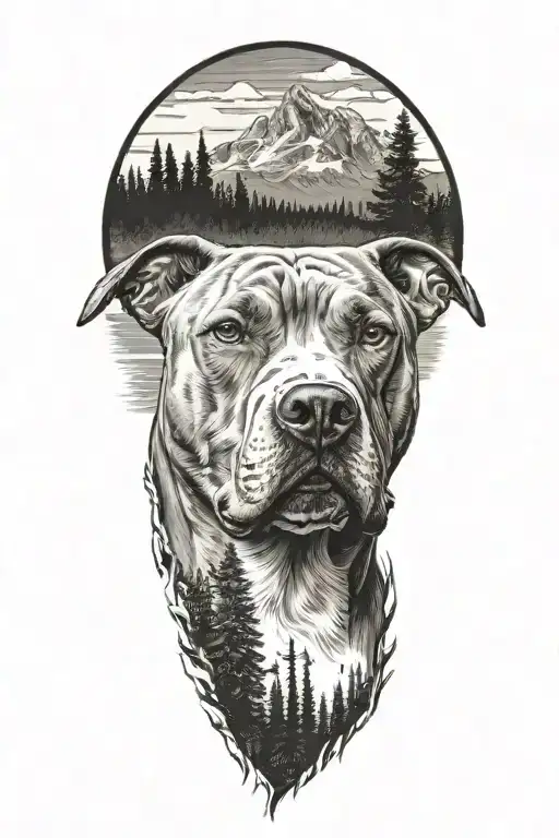 light looking pitbull dog with background of trees and mountains  tattoo design idea