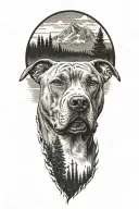 light looking pitbull dog with background of trees and mountains  tattoo design idea