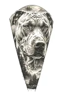 light looking pitbull dog with background of trees and mountains  tattoo design idea