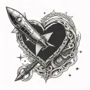moon inside a heart with a rocket cross bow going through the heart tattoo design idea