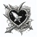 moon inside a heart with a rocket cross bow going through the heart tattoo design idea