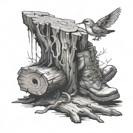 tree stump with chainsaw, boots and hardhat, and a bird tattoo design idea