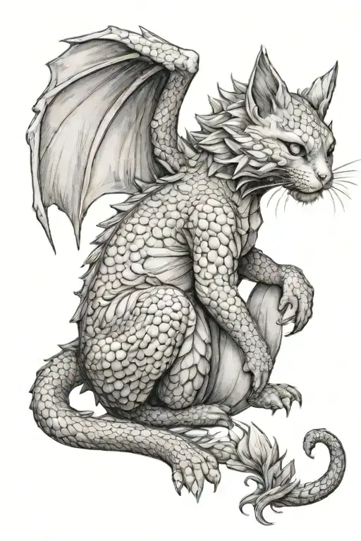 dragon hugs cat meikoon with tail tattoo design idea