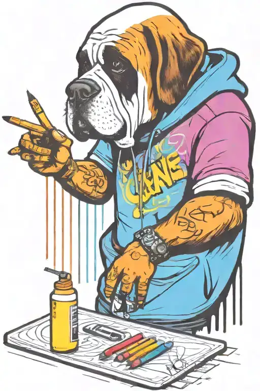 standing graffiti artist creating a masterpiece. replace human head for st Bernard head. holding a marker pen tattoo design idea