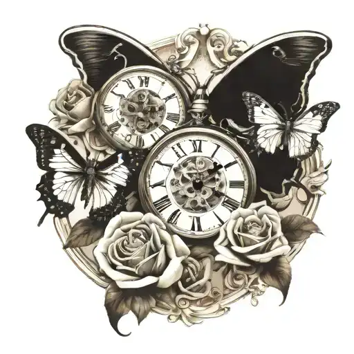 skulls roses butterfly & clock tattoo design idea