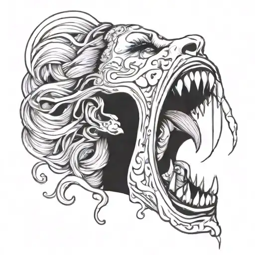 scary woman in anime style with long tongue coming out of her mouth no background tattoo design idea