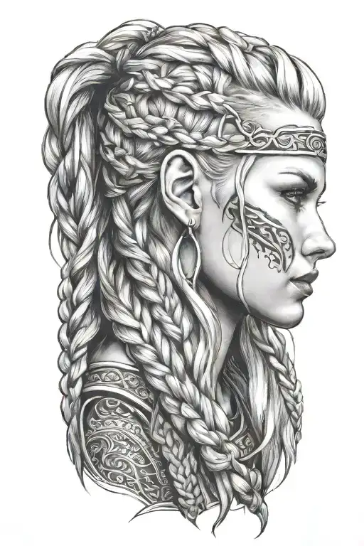 blonde viking woman face profil braids tattoo design idea