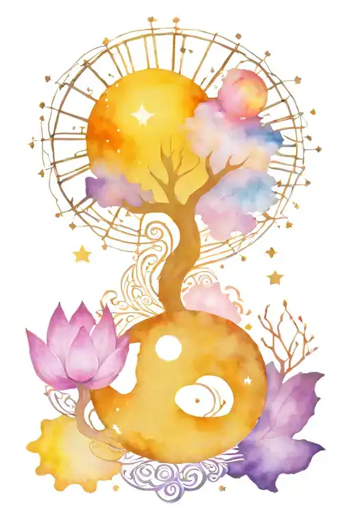 in order of semi colon to unalome to lotus to om to tree of life to sun and moon, surrounded by galaxy colors and stars tattoo design idea