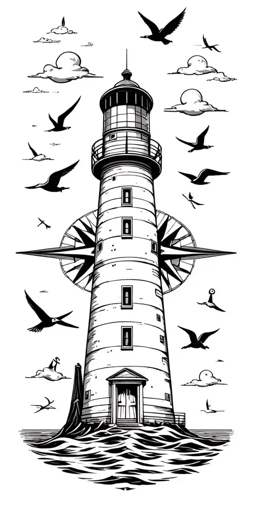 lighthouse standing tall amidst compass, anchor, gulls, clouds tattoo design idea