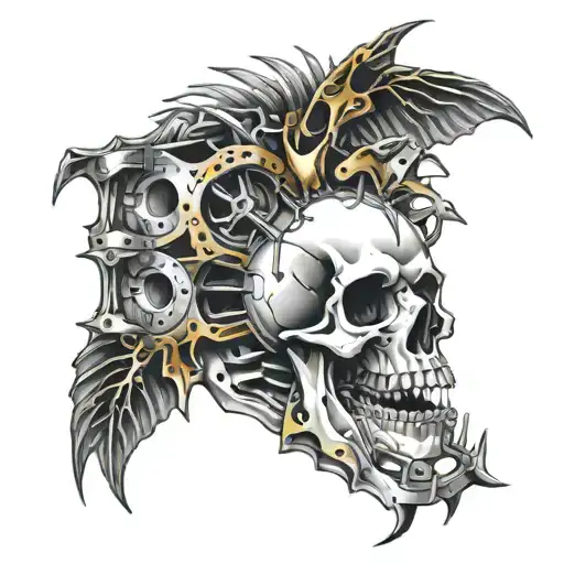 Slipknot goat skull spine ribs with cranks shaft and pistons emerging from spine  tattoo design idea