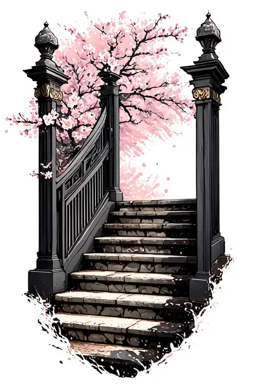 Heaven gates open with stairs using white ink splatter cherry blossom tattoo design idea