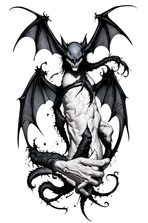 Black and white gothic bat on outer arm that looks different when you bend and extend your elbow tattoo design idea