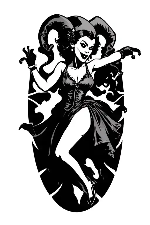 feminine evil jester dancing tattoo design idea