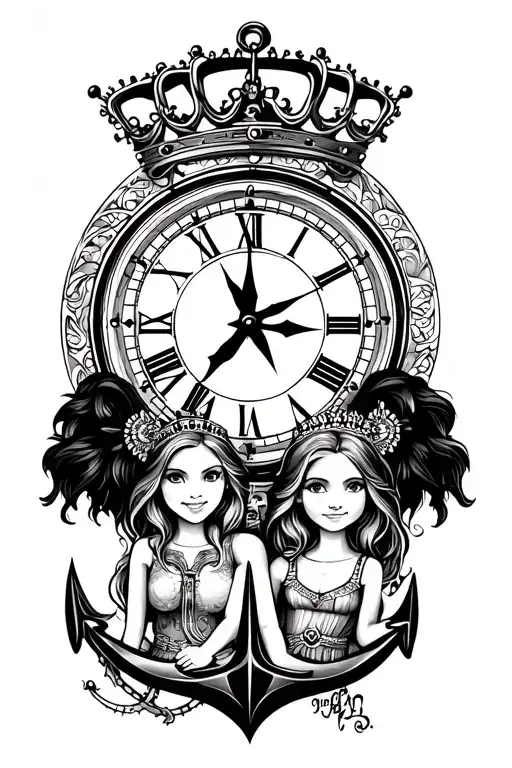 family mom dad with two daughters, crown on top, anchor, big clock, compass, black tattoo design idea