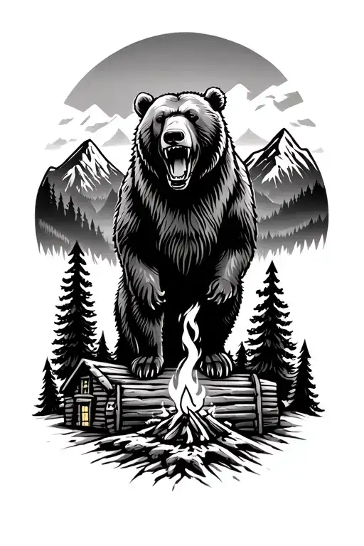grizzly bear roaring with the top having redwood trees and mountains also a campfire and a log cabin tattoo design idea