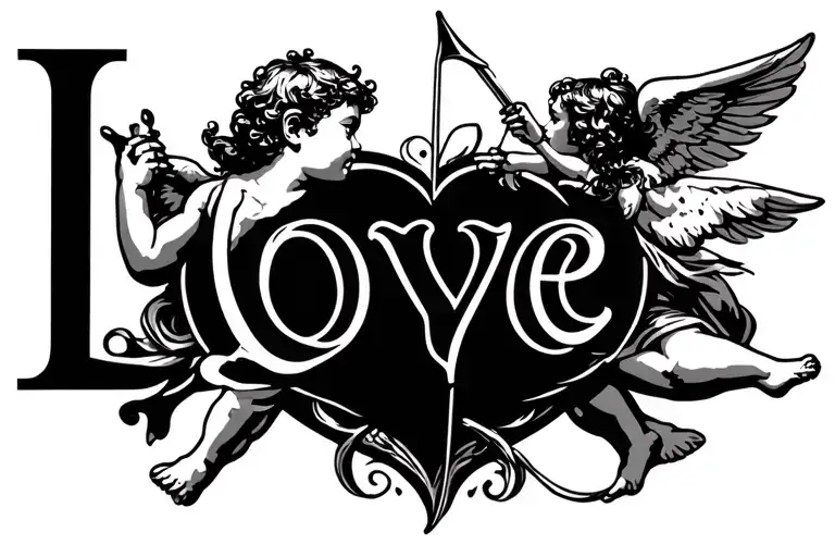 "Love" "Love" male cherub shooting arrow at female  tattoo design idea