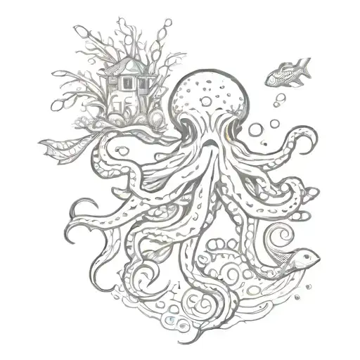 under the sea with an octopus, jellyfish, fish and starfish tattoo design idea
