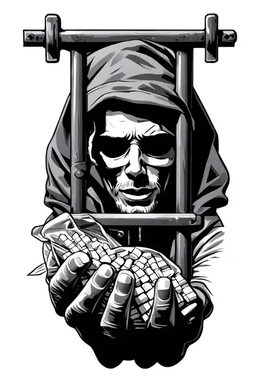 drug dealer behind bars with a bag of drugs în hand tattoo design idea