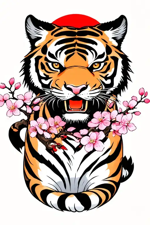 japanese tiger with red sun and cherry blossom tree tattoo design idea
