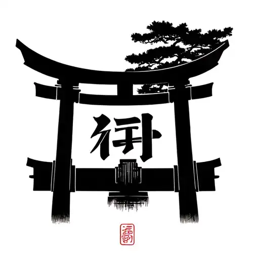 Japanese torii gate minimalist tattoo design with phrase 流れに乗る tattoo design idea