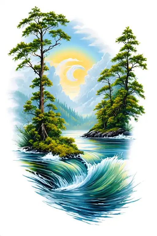 Flowing water and nature tattoo design idea