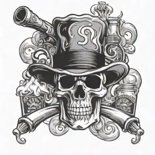 Skull wearing a bartender's hat and holding crossed tequila bottles, with a background of swirling smoke and flames tattoo design idea