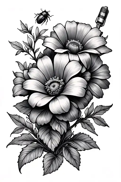 flowers with a small spark plug and a small bug tattoo design idea
