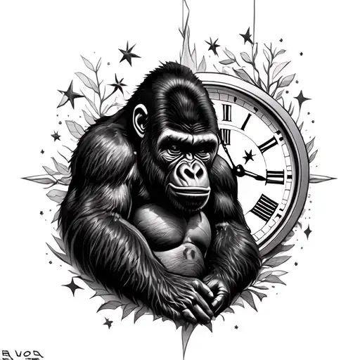 gorilla, clock, stars, trap house tattoo design idea