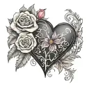 black heart with a flower growing for the top with the words she is my scar, underneath it tattoo design idea