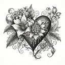 black heart with a flower growing for the top with the words she is my scar, underneath it tattoo design idea