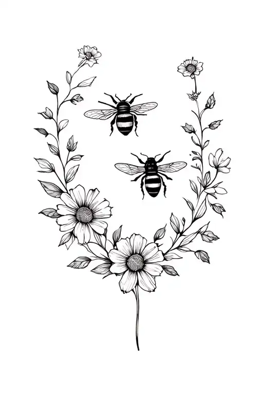 bee and flower surrounded tattoo design idea