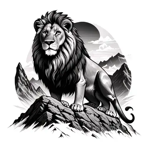 lonely lion sitting on top of mountain range tattoo design idea