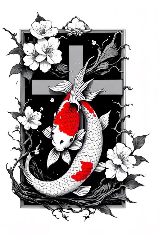fine line cross with two koi fish (1 in red ink) swimming upwards and cherry blossoms around cross.  tattoo design idea