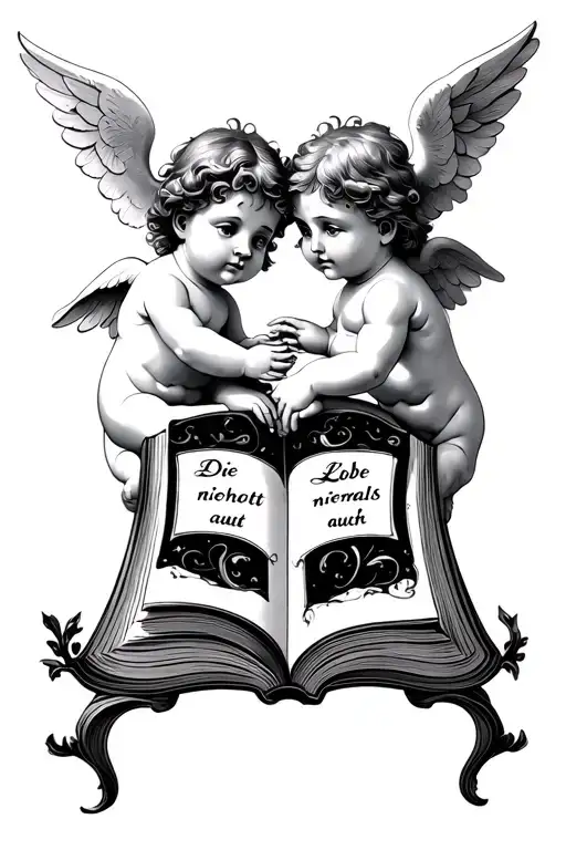 Two cherubs holding an open book with the words "Die Liebe hört niemals auf." tattoo design idea