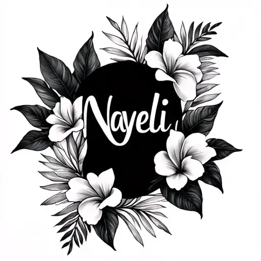 the name Nayeli with tropical flowers tattoo design idea