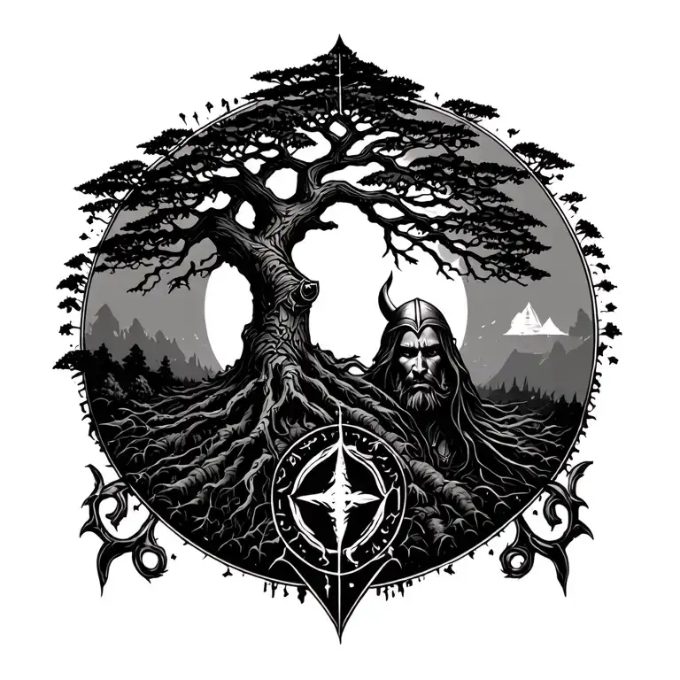 vegvisir rune viking warrior and life tree inside tattoo design idea