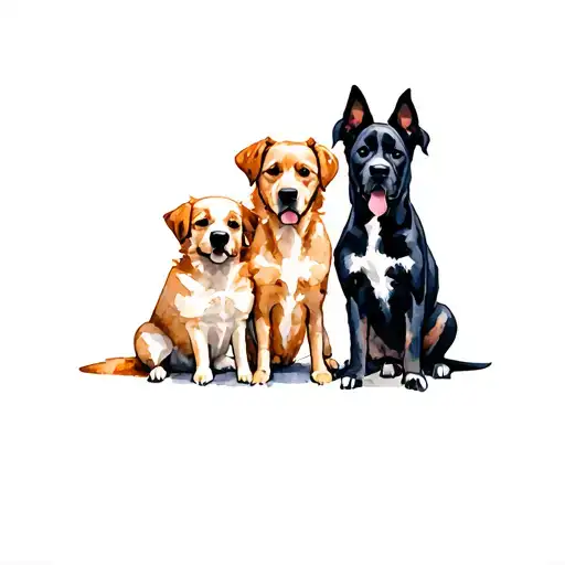 mantle great dane, 2 dark golden retrievers,  light golden retriever, and black pomeranian sitting together tattoo design idea