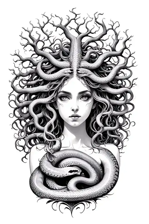 medusa woman snakes trees tattoo design idea