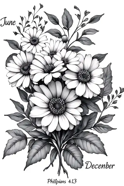June, July, August, and December birthflowers with the stems intertwining into the words Philippians 4:13 tattoo design idea