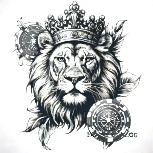 Shoulder tattoo, realism, black and grey, lion with crown, eyes, clock, tribal, poker king, poker chips stack tattoo design idea