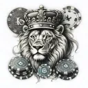 Shoulder tattoo, realism, black and grey, lion with crown, eyes, clock, tribal, poker king, poker chips stack tattoo design idea