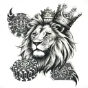 Shoulder tattoo, realism, black and grey, lion with crown, eyes, clock, tribal, poker king, poker chips stack tattoo design idea