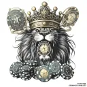 Shoulder tattoo, realism, black and grey, lion with crown, eyes, clock, tribal, poker king, poker chips stack tattoo design idea