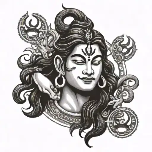 Lord Shiva doing tandav with multiple hands his hair spread out and having trishul in one hand and damru in another hand tattoo design idea