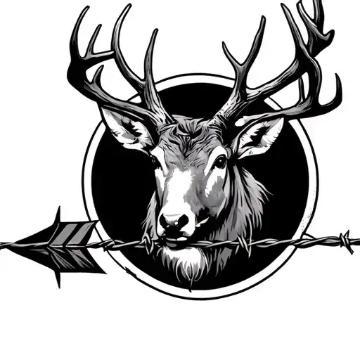men's arrow wrapped in barbed wire with deer antlers tattoo design idea