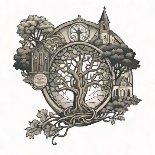 A family tree intertwined with church stained glass windows, representing the importance of family and faith tattoo design idea