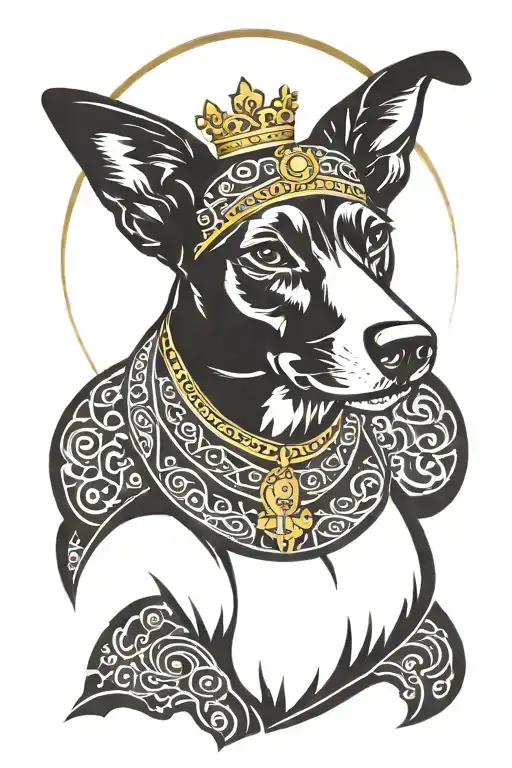 Respectfuly looking portrait of a dog in a red robe in style of orthodox icon with a saint´s halo around head. tattoo design idea